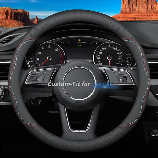 Custom-Fit for Jaguar Steering Wheel Cover, Premium Leather Car Steering Wheel Cover with Logo, Non-Slip, Breathable, for Jaguar Accessories (A-Style,for Jaguar)