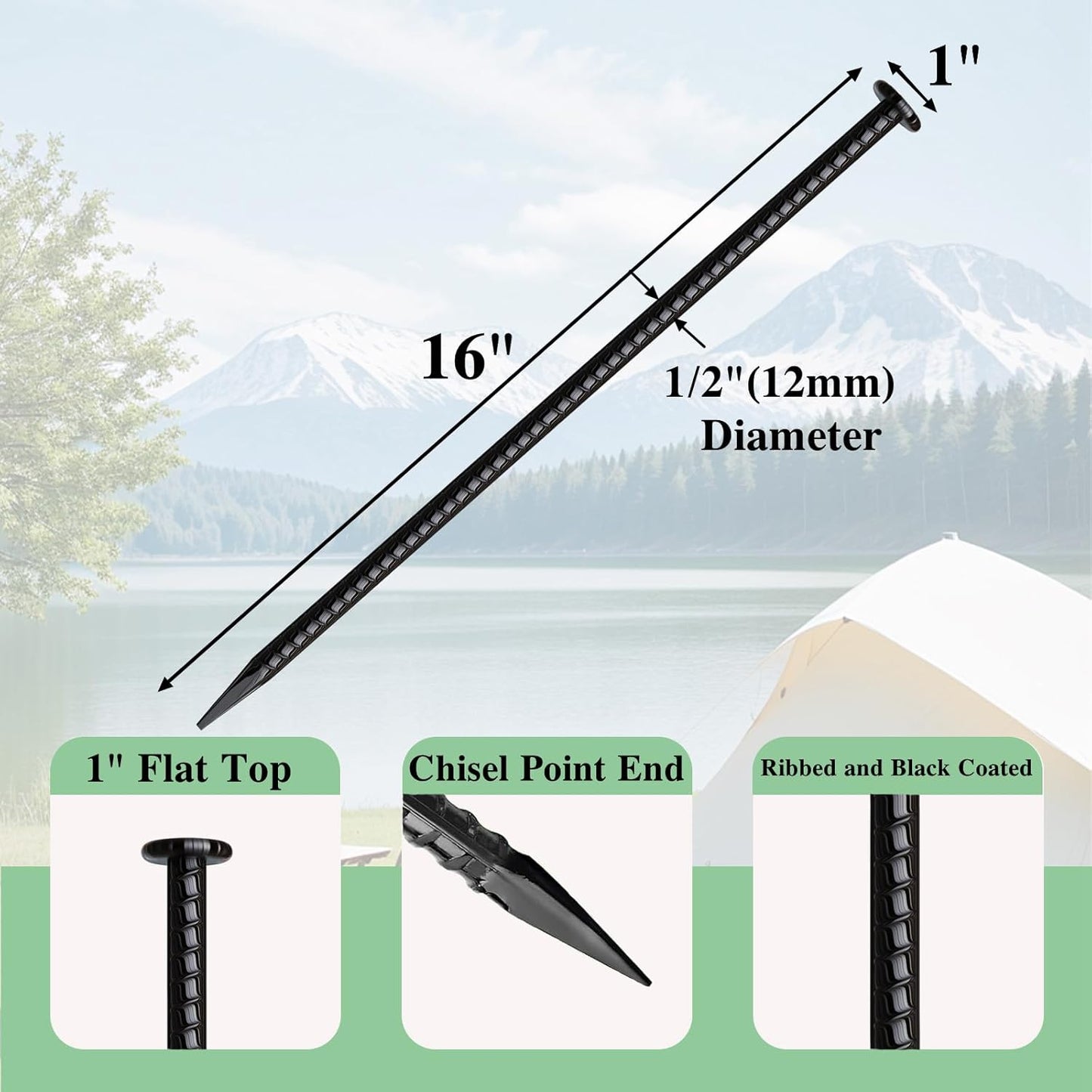 16 Inch Rebar Stakes 10 Pack Heavy Duty Ground Anchors 1/2 Inch Diameter Galvanized Steel Asphalt Anchoring Metal Spikes for Speed Bump, Parking Curb and Camping Tent