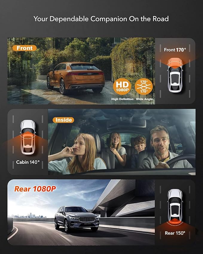 3 Channel Dash Cam, Full UHD Front and Car CameraRear Inside,Car Camera Full HD 170 Deg Wide Angle Dashboard Camera with 64GB Card, 2-Inch Screen,G-Sensor,Loop Recording，Night Vision