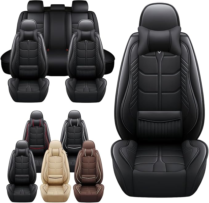 Leather Car Seat Covers Fit for Toyota Matrix 2003-2013, 5 Seater Car Seat Cover, Premium Waterproof, Scratch Resistant Car Interior Accessories (Full Set with Pillow Black)