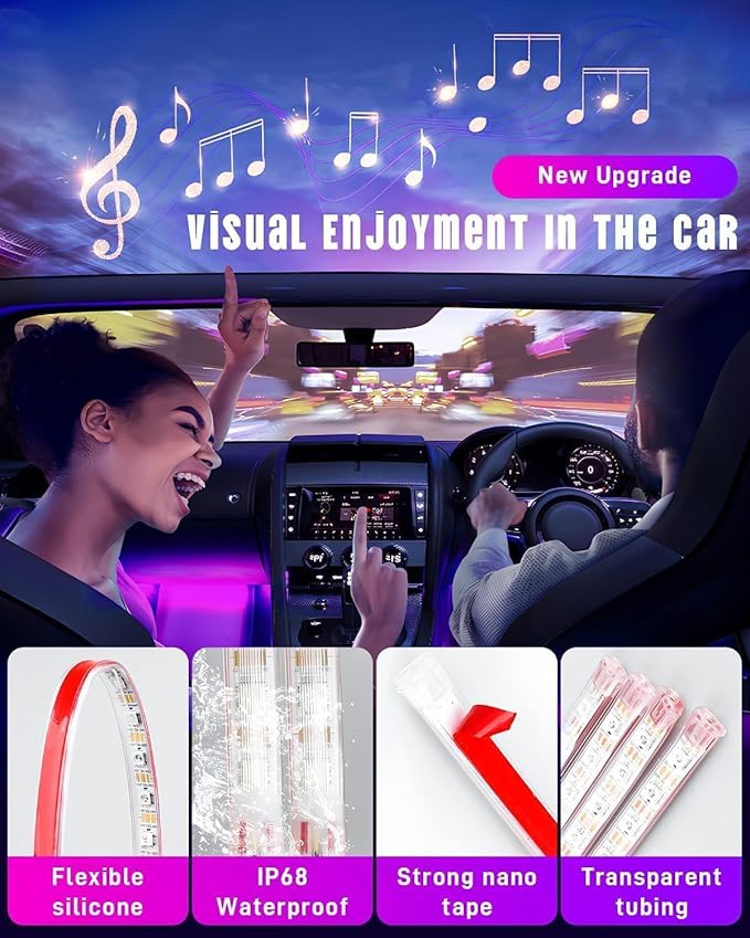 Dreamcolor RGB+IC 72 LED Interior Car Strip Lights with Smart APP Remote Control, Music Sync Under Dash Footwell Neon Internal Lighting Kit Multicolor,12V LED Strip Lights for Cars, Trucks, SUVs