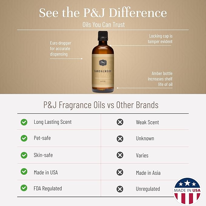 P&J Fragrance Oil - Sandalwood 100ml - Candle Scents, Soap Making, Diffuser Oil, Body Care