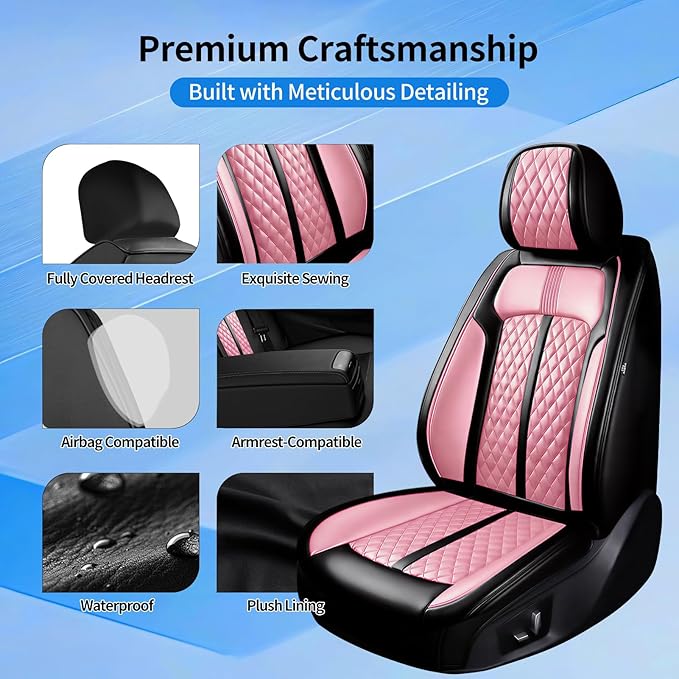 Fit Cruze Car Seat Covers for Select Chevrolet/Chevy Cruze 2011-2019, Premium Full Coverage Leather, Airbag Compatible, Waterproof All Weather Seat Cushion Protector, Front Pair Black+Pink