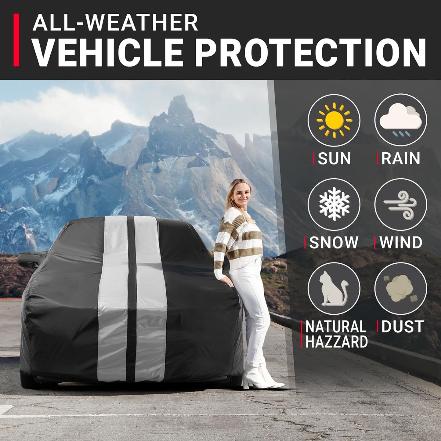 iCarCover Custom Car Cover for Chevy Caprice Sedan (2011-2017) Waterproof All Weather Rain Snow UV Sun Protector Full Exterior Indoor Outdoor Car Cover (Stripe - Black/Gray)