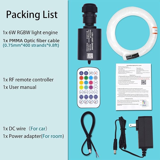 Starlight Headliner Kit Fiber Optic Lights Star Lights for Car with Remote APP Control Twinkle Music Mode RGBW Sound Activated 400Pcs*0.03in*9.8ft