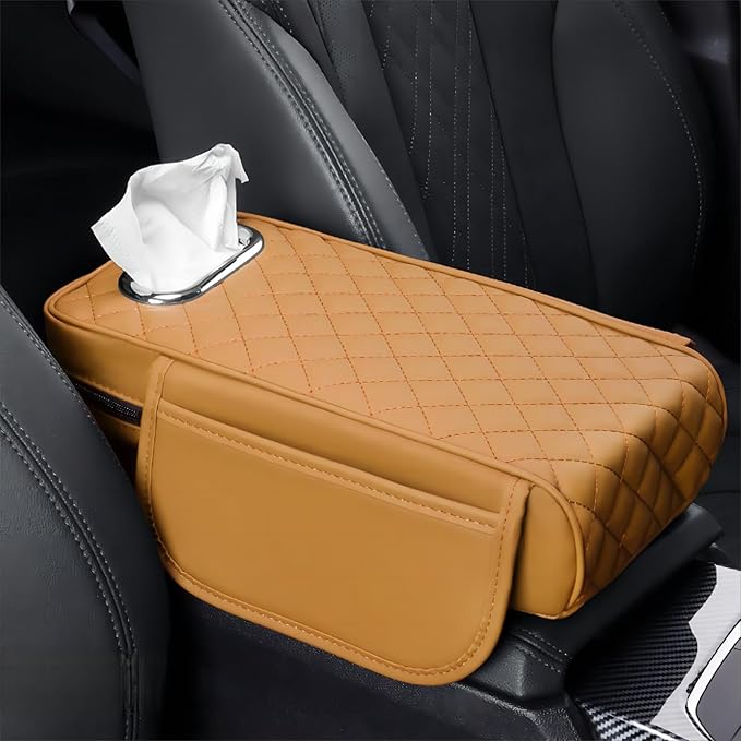 Center Console Cover Arm Rest Cover Leather Car Armrest Box Pad with Pocket Tissue Box Hole Auto Armrest Cover Cushion for Car Sedan Vehicle (Brown)