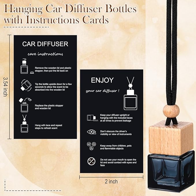 DaisyInner 100 Sets Car Diffuser Bottles Empty Bulk Hanging Car Air Freshener Diffuser Bottles Bulk Glass Perfume Holder with Instruction Cards for Essential Oil Fragrance Pendant(Square,Black)