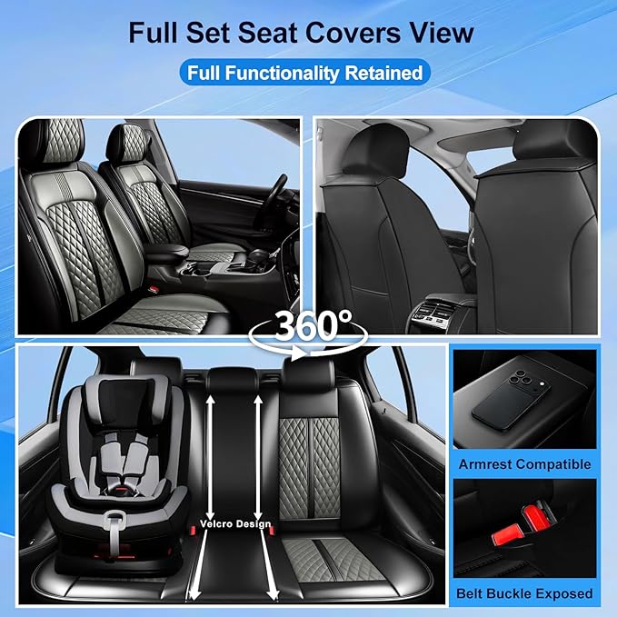 Fit Tahoe Car Seat Covers for Select Chevrolet/Chevy Tahoe 2000-2025 2026 - Full Coverage Leather, Waterproof & All Weather Seat Cushion Protector, Black+Gray