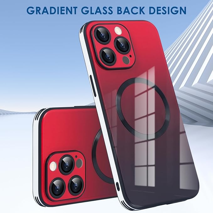 Guppy Compatible with iPhone 15 Pro Case Magnetic, with Full Camera Lens Protector [Compatible with MagSafe] Scratch Resistant Gradient Glass Back Cover Phone Case-Red