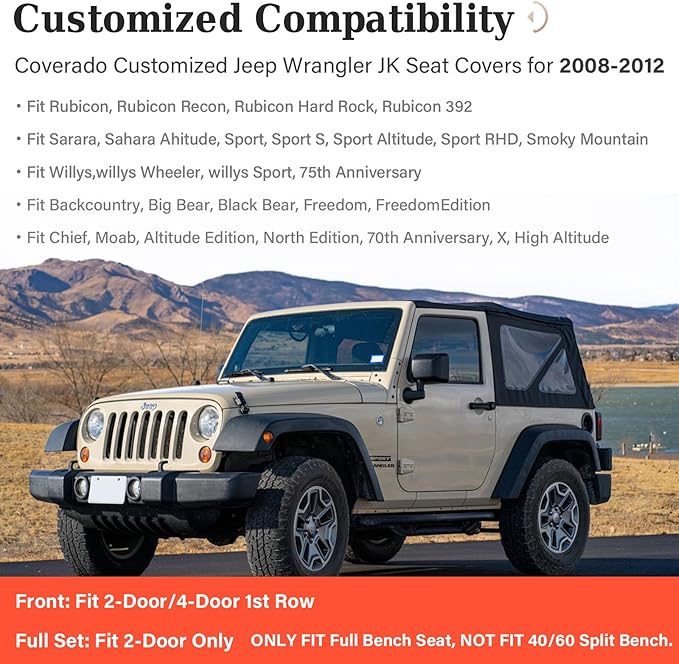 Coverado Seat Covers Full set for Jeep Wrangler, Waterproof Car Seat Covers for Truck Automotive Seat Covers Custom Fit for 2008-2012 Jeep Wrangler JK 2-Door, Full Coverage Wrangler Seat Covers(Black)