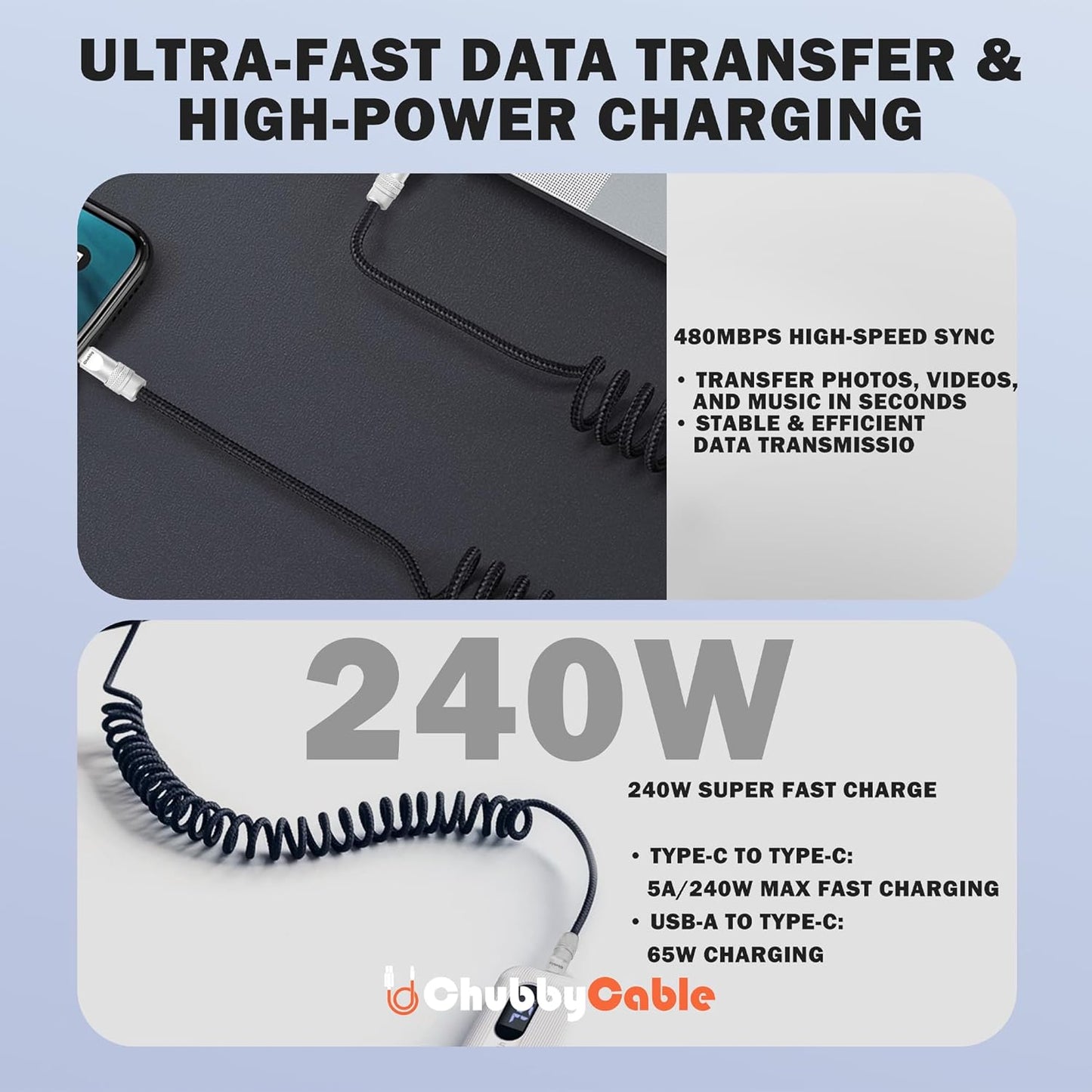 chubbycable Curly Chubby - Retractable Fast Charging Cable 240W Coiled Charger Cord for Car Durable USB-C Cable for Phones, Tablets and More, Black+Black, Type-C to Type-C, 1.3FT-2.3FT