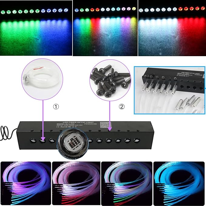 AZIMOM Dual Color 20w Twinkle Fiber Optic Starlight Headliner Kits 900pcs 0.03in 9.8ft, RGB Meteor Shooting Star, Sound Activated Remote APP Control Home Car Ceiling Décor