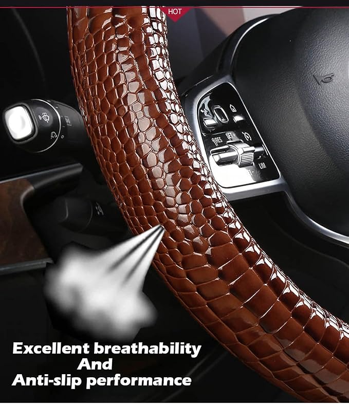 Luxury Crocodile Texture Glossy Leather Car Steering Wheel Cover, New Universal 15 Inch Vehicle Steering Wheel Cover for Cars, Trucks, Suvs, Pickups Interior Accessories (Red)