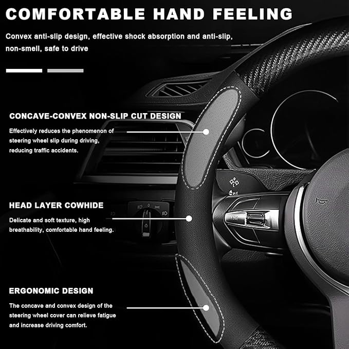 Car Breathable Steering Wheel Cover, Carbon Fiber Wear-Resistant Steering Wheel Protector for Comfy Grip, Universal Non-Slip Leather Wheel Sleeve for Most Car SUV Truck (Red)