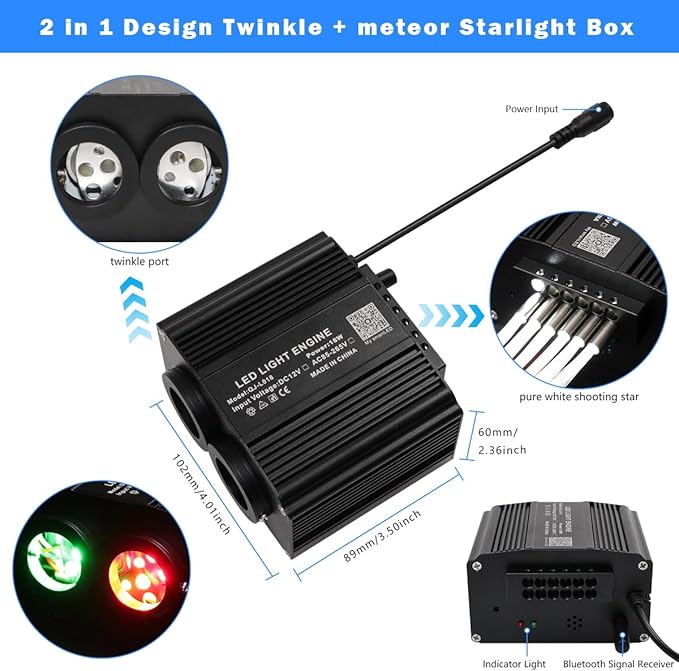 AMKI Dual Color 18W Twinkle&Meteor Starlight Headliner Kit 700pcs 0.03in 9.8ft+240pcs Pure White Shooting Star,Updated 2 in 1 Starlight Box RGBW Sound Activated Mode for Car Home Decor