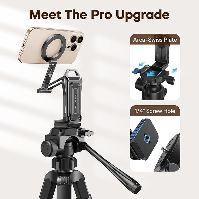 OMOTON 360°Rotating for MagSafe Tripod with 1/4" Screw Arca, Adjustable Magnetic Phone Tripod for iPhone 17/16/15 Pro Max Air, Fold Selfie Stick Fits Vlog, Gym, Travel Essentials, Black& Black Pro