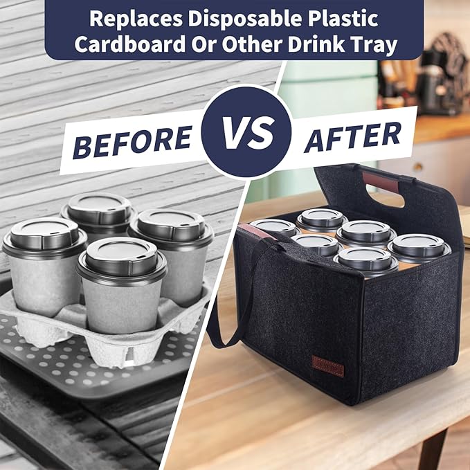 6 Cup Drink Carrier with Handle, Reusable Insulated Drink Caddy Drink Holder for Car, Folding Portable Coffee Cup Holder Bag for Travel and Delivery