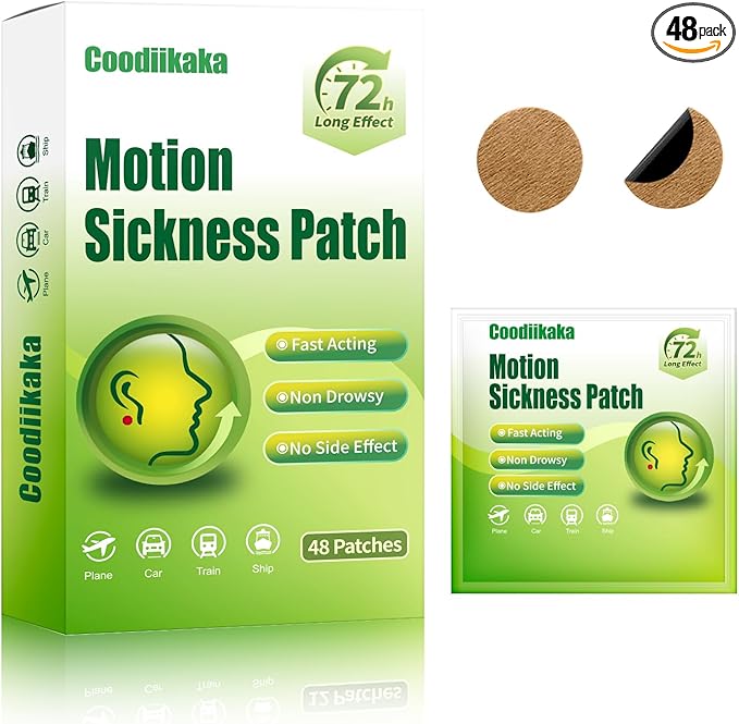 Motion Sickness Patches Non-Drowsy Formula Prevents Car, Airsick, Altitude Sickness, Sea & Motion Rides Travel Essentials for Adults & Kids Long-Lasting up to 72 Hours (48Pcs)