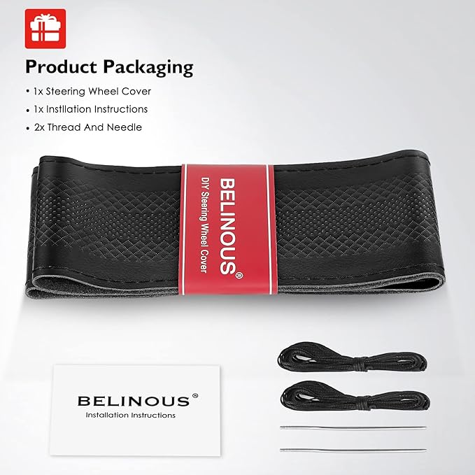 BELINOUS Leather Steering Wheel Cover Lace Up, Embossed Steering Wheel Wrap Fit for 13 3/4-16 Inch Car, Stitch on Wrap DIY w/Needle Thread (Size L6, Black)
