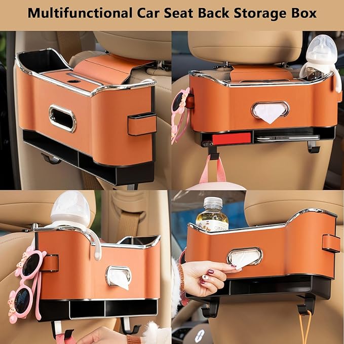 Multifunctional Car Seat Back Storage Box, Multifunctional Car Logo Seat Back Storage Box, Universal back seat car organizer, Car Tissue Organizer Back Seat with 2 Drink Cup Holder (Orange)