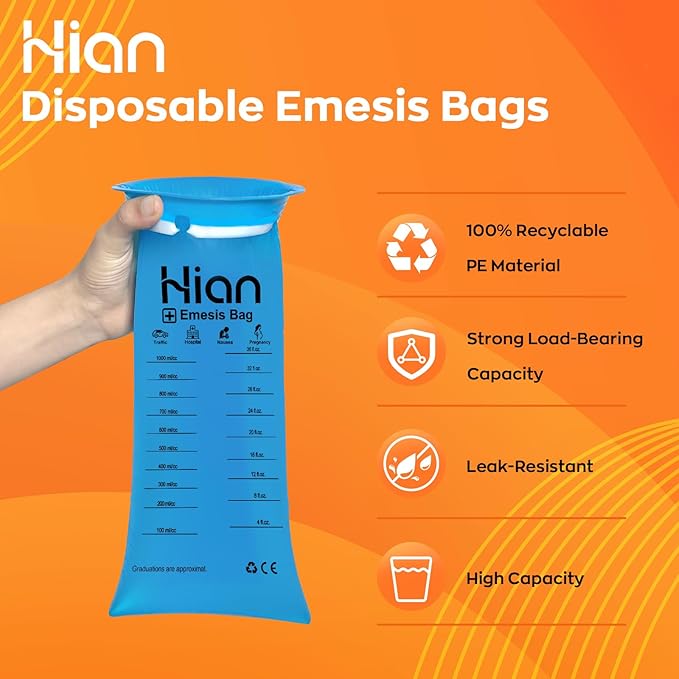 Hion Vomit Bags Disposable – 52 Pack 1000ml Emesis Bags – Leak Resistant, Medical Grade, Portable – Perfect for Motion, Car & Aircraft Sickness, Pregnant Women