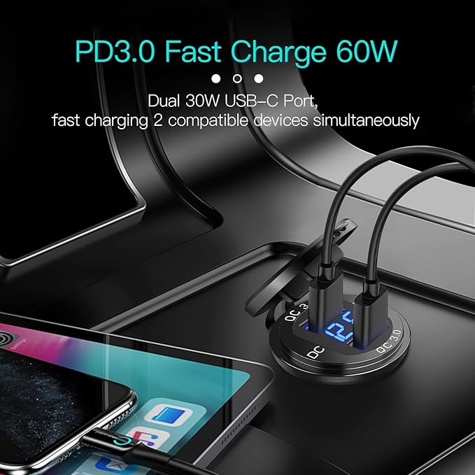 4 Port 12V USB Outlet Aluminum Car Charger with Voltmeter, 78W Fast Charge Dual PD3.0 & QC3.0 Multiple USB Port for Car, Marine USB C Socket Cigarette Lighter Replacement Waterproof 12 Volt Outlet