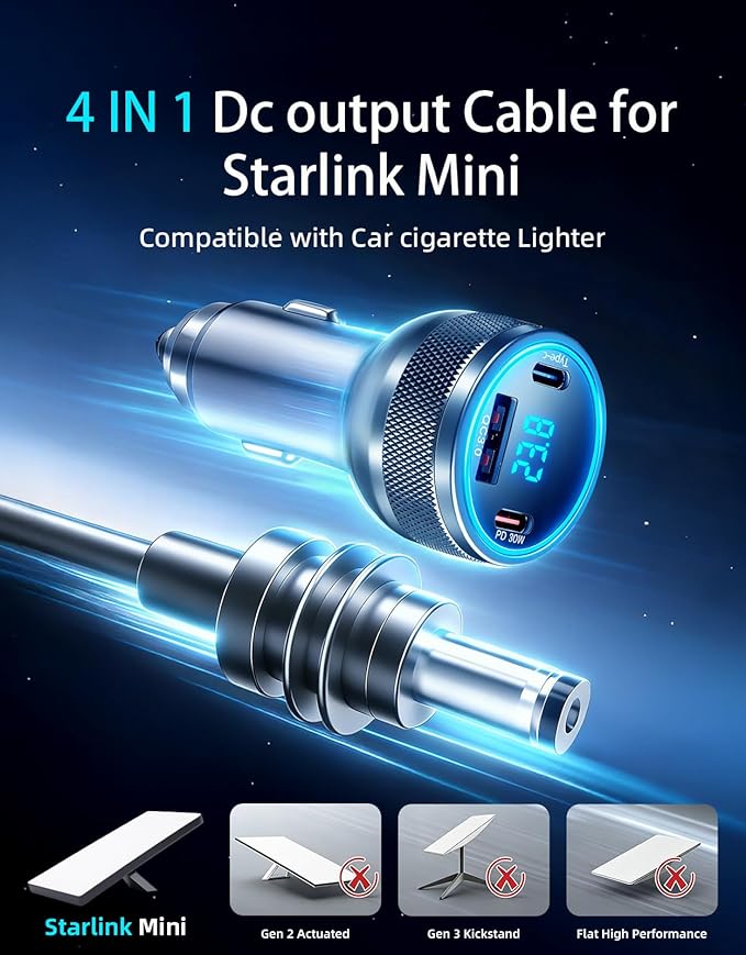 Starlink Mini Cable, 4-in-1 Starlink Mini Car Charger DC Power Cable + 12V-48V Cigarette Lighter Adapter with Digital Display, USB-C PD 45W and Dual USB-A 35W Ports for Cars, Suitable for Car (16.4FT)