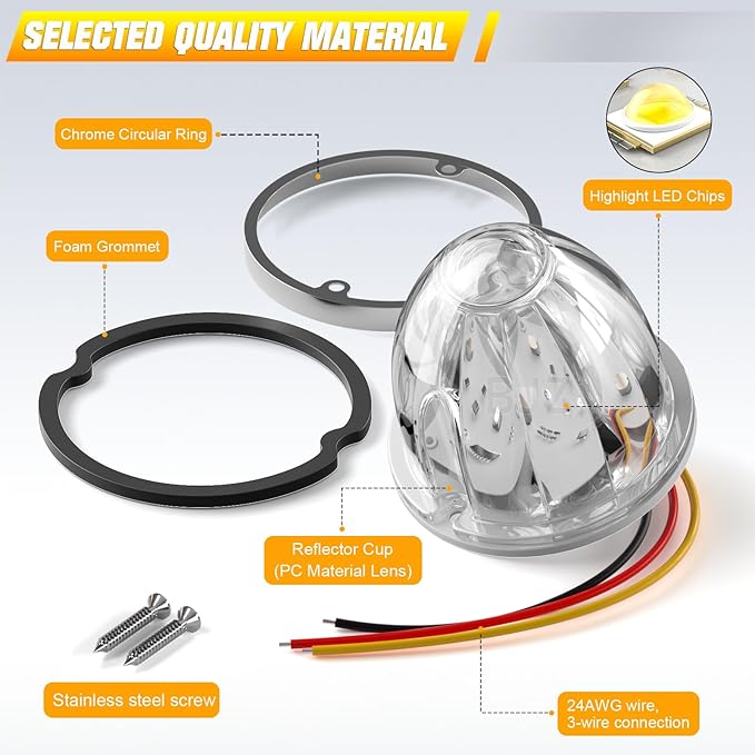 BJZ 8Pcs White Watermelon LED Strobe+Constant Marker Lights Dual Function Watermelon-Shaped Side Marker Clearance Tail Top Cap Roof Lights for Trailer Truck Semi-Trailer Heavy-Duty Truck Bus Van