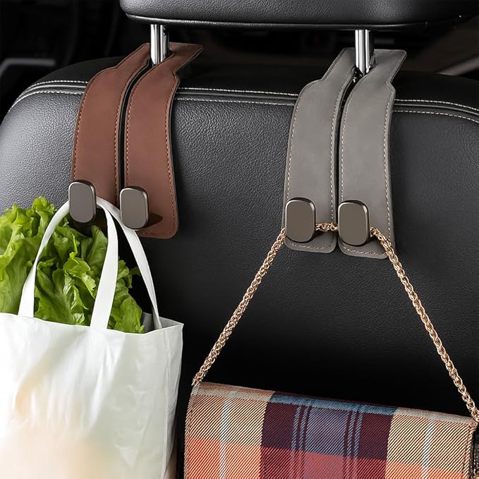 Car Seat Back Storage Hook, 2026 New Two Hook Fur Leather Seat Back Headrest Hanger Genuine Leather Double Metal Hook for Backseat Organizer, Car Organization Accessories (4, Black)