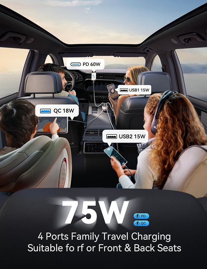 75W Car Charger USB C, 4 Port Super Fast Cigarette Lighter USB Charger, Type C 60W & QC 3.0 Multiport Car Phone Adapter Accessories for iPhone 17/16/15/14/13/12 Pro Samsung S26 Series, Pink