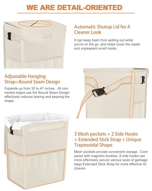 Pritent Car Trash Can with Lid, Cute Leakproof Car Trash Garbage Bag Hanging Vehicle Trash Bin Small Portable Automotive Garbage Cans Organizer for Back/Front Seat(Trapezoid,Ivory