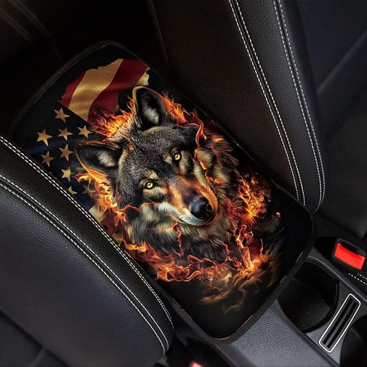 American Flag Car Center Console Cover Wolf Car Armrest Cover Soft Comfortable Armrest Cover for Car Center Console Universal Fit Most Car,SUV,Trucks Car Deco Accessories