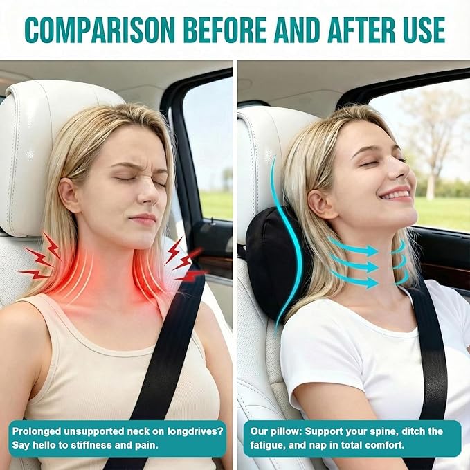 2PCS Car Pillow for Car Neck Pillow for Driving Seat Neck Support Soft Cushion Back Support Head-Rests for Vehicle Sleeping with Elastic Adjustment Strap (Brown, Head)