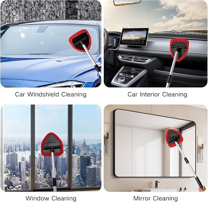 Qydipclin 10pcs Windshield Cleaner Tool, Car Window Cleaning Wash Kit with 4 Reusable Microfiber Pads 1 Spray Bottle and Extendable Handle Auto Glass Wiper Kit, Red