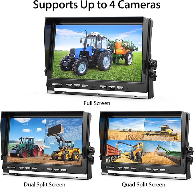 ZEROXCLUB 4 Wired Backup Camera System, 10" 1080P Monitor IP69K Waterproof Vibration-Proof 10G Rear Side View Camera, Quad Split Screen for Tractor, Truck, Trailer, Combine, Heavy Equipment, BH104