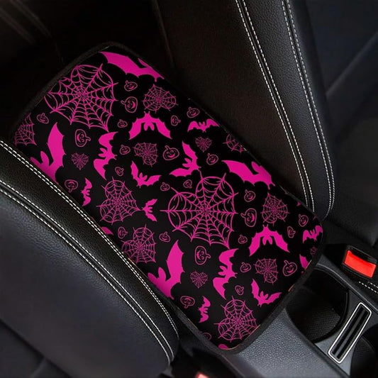 Dreaweet Purple Center Console Armrest Pad Cover Goth Car Accessories Interior Middle Console Cover Anti-Scratch Comfort Car Armrest Storage Box Mat,Love Heart Spider Web and Bats Decor