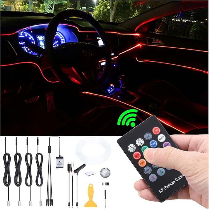 Car Ambient Lighting Kit 8 Colors Multicoloured Music Optic Fiber RF Remote Control Car DIY Decorative Atmosphere Lighting DC 12V 1W 4m