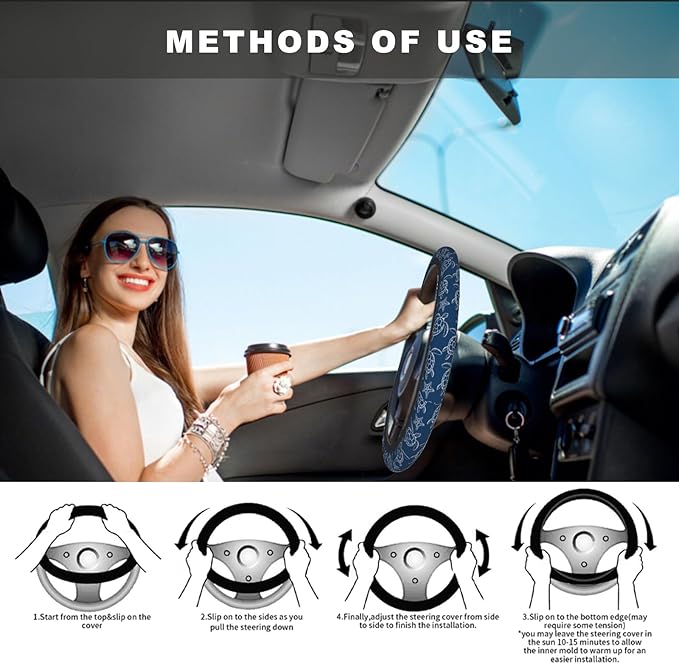 Navy Blue Turtle Steering Wheel Cover, Cute Anti-Slip Breathable Car Accessories Interior Elastic Steering Wheel Cover for Men Women Gifts Fit Auto, SUV Vans Truck Universal 14.5-15 Inch