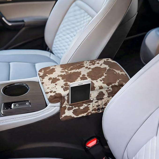 Dreaweet Brown Cow Print Center Console Cover with Pockets Thick Arm Rest Pad for Car Truck SUV Van Soft Comfortable Car Armrest Cover Center Console Cushion Pad