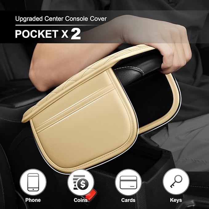 Upgraded Car Center Console Cover Fit for Highlander Faux Leather Car Armrest Cover Cushion with 2 Storage Bags,Car Armrest Storage Box Interior Accessories(Beige&Whiteline)