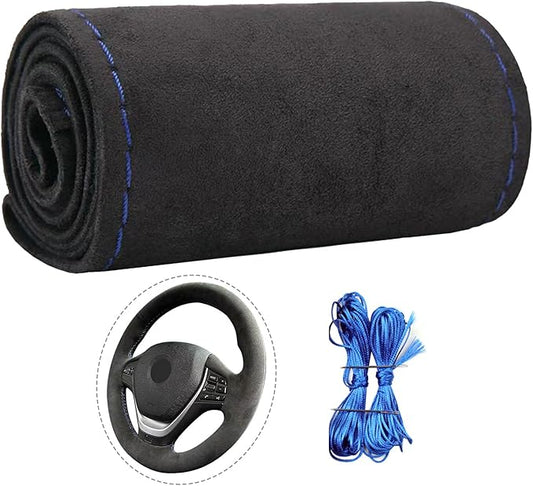 Suede Leather Steering Wheel Cover Wrap Kit - DIY Stitch-On for 16-17" Wheels, Superior Sweat Absorption & Non-Slip Grip, Comfortable & Durable Year-Round Upgrade