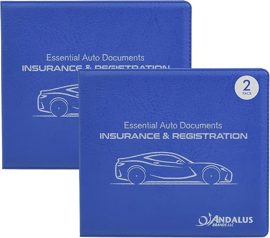 Andalus Auto Registration & Insurance Card Holder Pack of 2, Waterproof Essential Car Registration Holder with Hook & Loop Closure, Perfect for Every Vehicles Glove Boxes (Blue - 5 1/8" x 4 5/8")