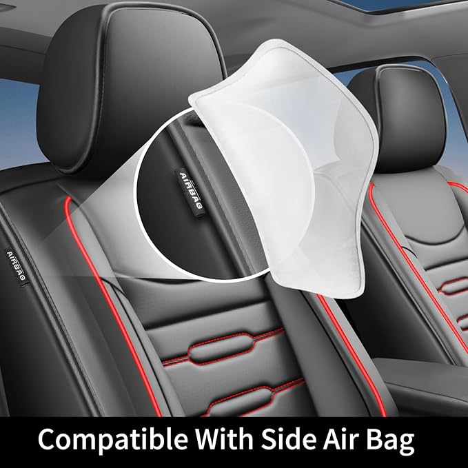 Fit Camry Car Seat Covers for Toyota Camry 2012-2024 2025 2026 - Upgraded Premium Waterproof & Breathable Leather, Airbag Compatible, All-Weather Seat Cushion Protector (Full Set, Black+Red)