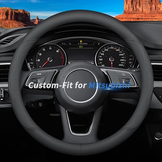 Custom-Fit for Mitsubishi Steering Wheel Cover, Premium Leather Car Steering Wheel Cover with Logo, Non-Slip, Breathable (B-Style,for Mitsubishi)