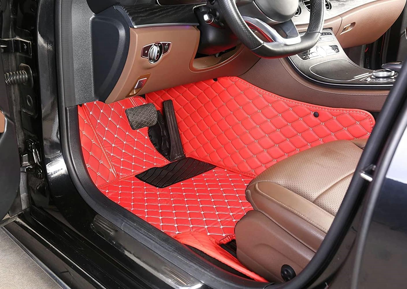 Custom Artificial Leather Waterproof All-Weather Car Floor Mats Fit for 99% Sedan SUV Sports Car Vehicle Car Mat (Red Red Stripe)