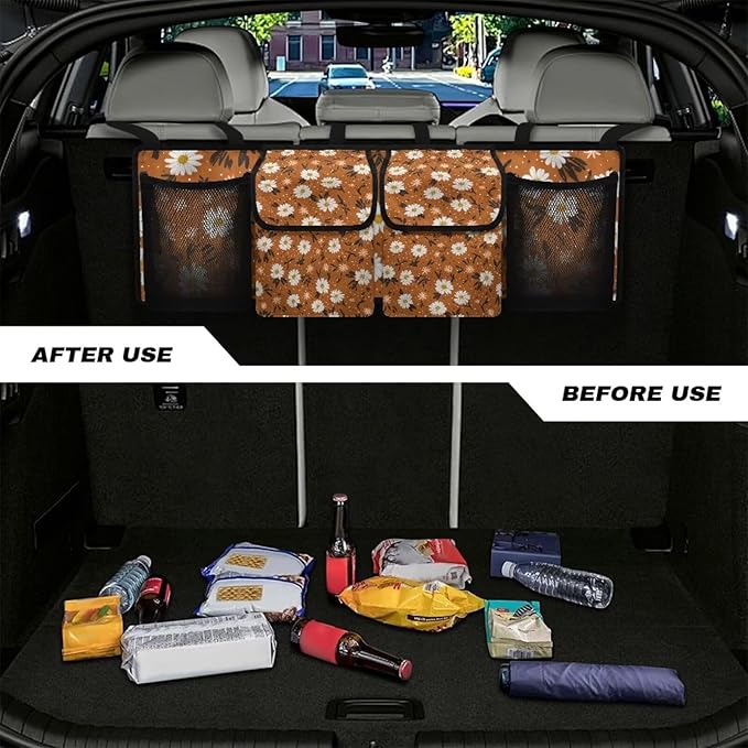 Orange Daisy Print Car Trunk Organizer Bag, Foldable Car Back Seat Storage Bag with 4 Pockets Car Interior Accessories for SUV MPV Sedans Pickup Jeep Trucks