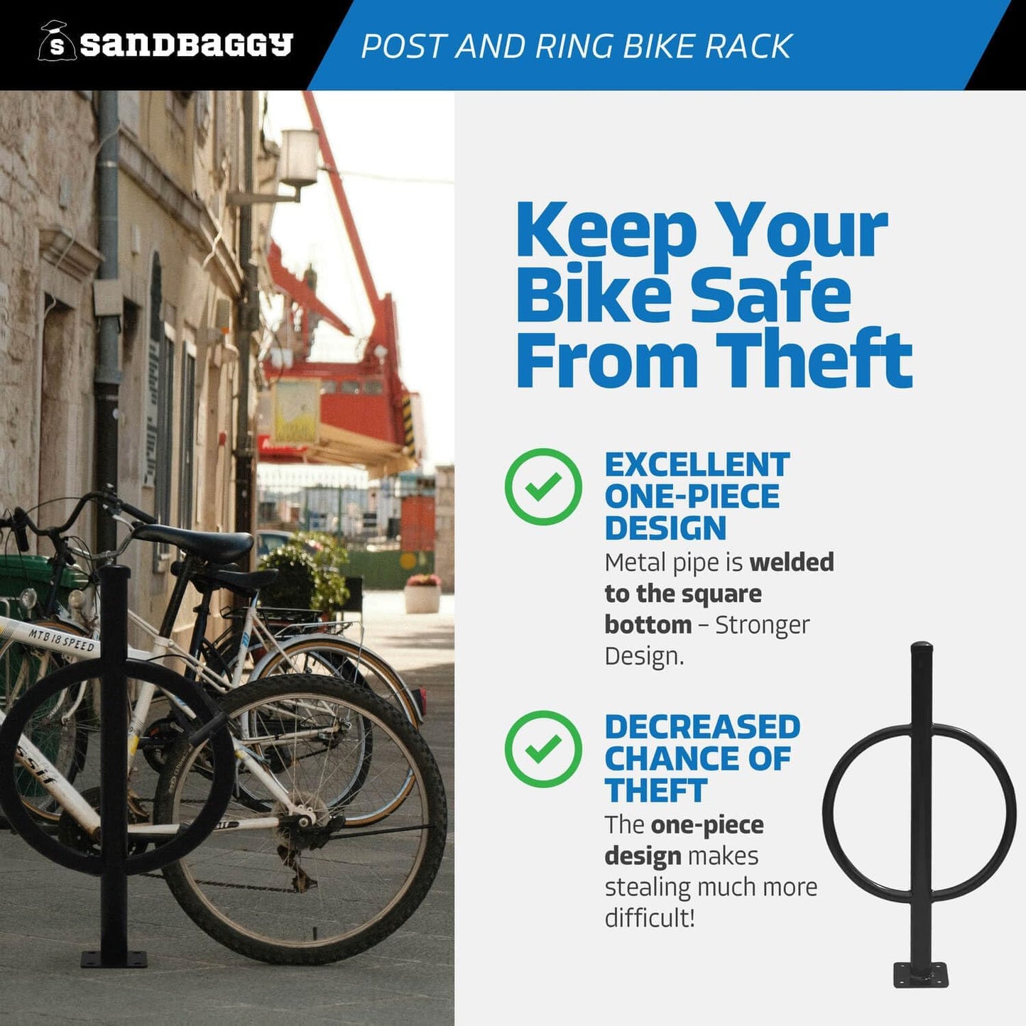 Sandbaggy Post and Ring Bike Rack - Commercial Bike Racks - Galvanized Steel - Anti-Theft Design - In Ground, Apartments, Sidewalks, Industrial (Blue, 10)