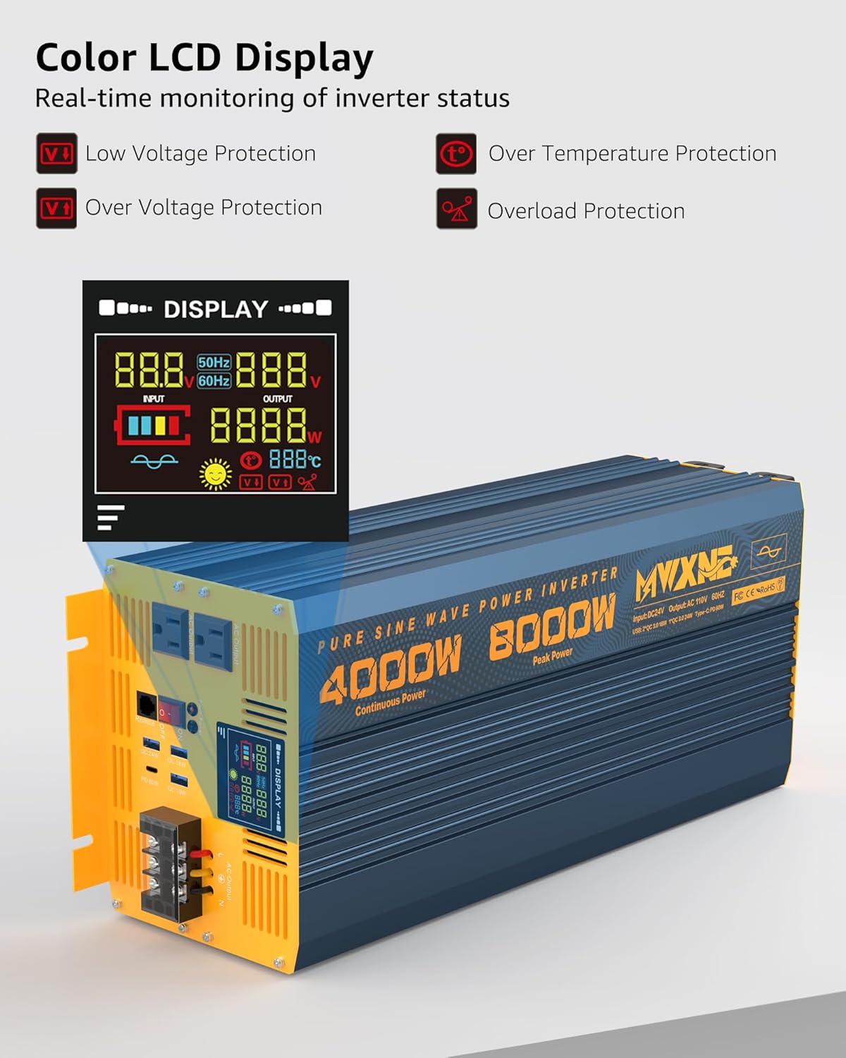 4000W Pure Sine Wave Power Inverter DC 24V to AC 110V 120V for Home RV with Dual AC Outlets 1 USB-C(60W) 3 USB-QC3.0 Fast Car Charger Adapter, LCD Display and Remote Control