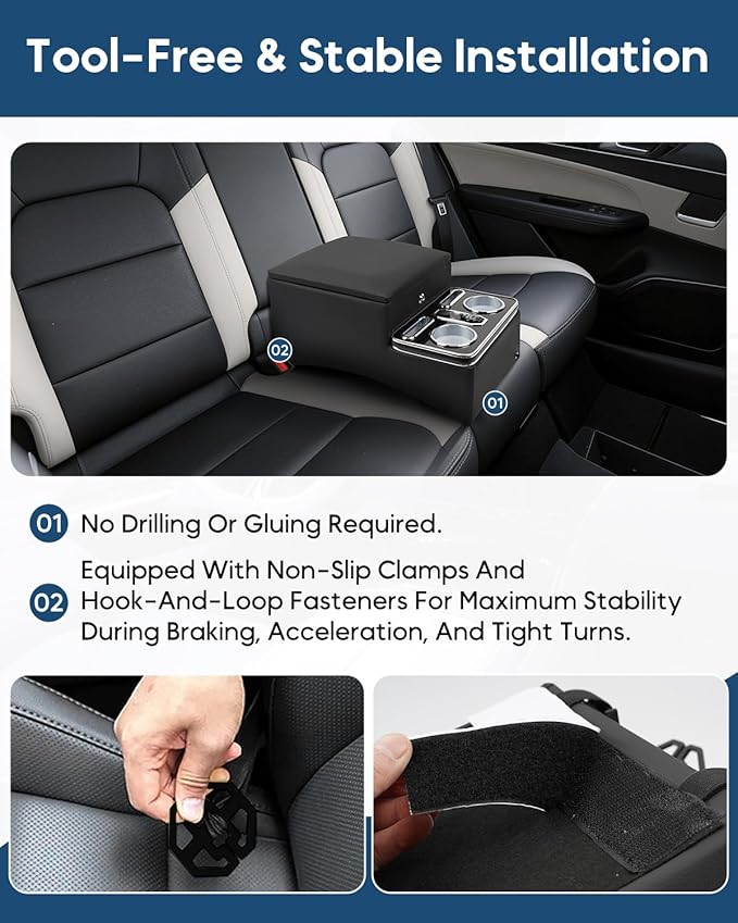Upgraded Center Console with Lock, Truck Bench Front Seats Center Console Organizer and Storage, Cup & Phone Holder for Minivan, SUV, Middle Van, Fast Phone Charging & 7-Color Adjustable LED Lighting