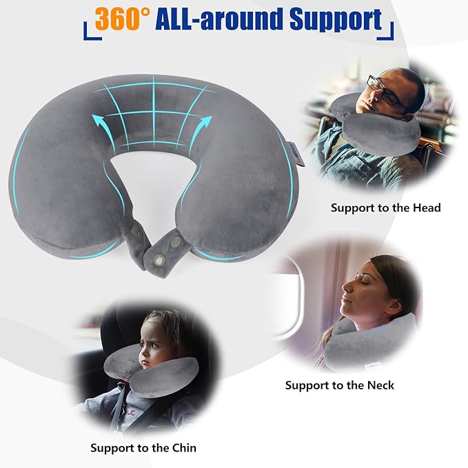 SAIREIDER Airplane Pillow 100% Memory Foam Neck Pillow for Airplanes Flight Rest Best Adjustable Travel Neck Support Pillows-Prevent The Heads from Falling Forward (Grey)